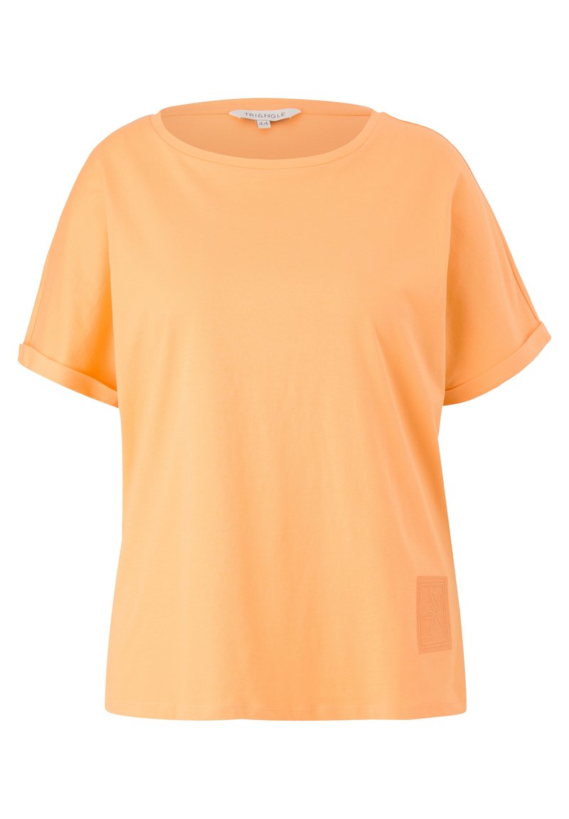 Orange cotton t-shirt with a round neckline, rolled sleeves, and a block logo detail on the lower left side. Soft, smooth texture.