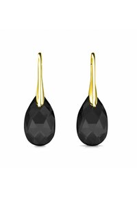 Orecchini a goccia nera sfaccettata con ganci in metallo color oro, caratterizzati da una finitura liscia e lucida e da un design minimalista e elegante.