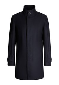 Zwart mannen mid-length jas met staande kraag, enkele knoopsluiting bij de nek, lange mouwen en verborgen frontsluitingen.