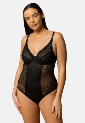 Bodysuit noir avec une texture en dentelle, un motif floral, des panneaux transparents, des bretelles ajustables et un bord festonné le long de l'encolure et des jambes.