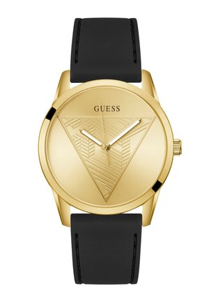 Montre Guess ton bronze avec bracelet noir, cadran minimaliste présentant un design triangulaire texturé et trois aiguilles argentées.