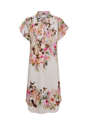 Hvid kortærmet skjortekjole med krave og knapper foran, med pink, brun og grøn blomster- og kolibriprint.
