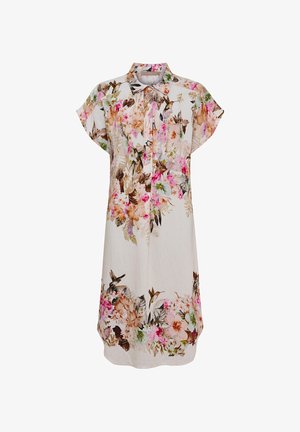Hvid kortærmet skjortekjole med krave og knapper foran, med pink, brun og grøn blomster- og kolibriprint.