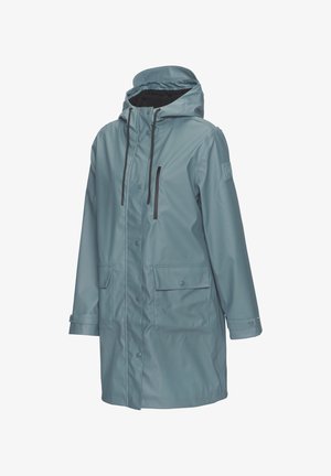 Wasserfester tealfarbener Parka mit Kapuze, einem Reißverschluss-Brusttasche und zwei vorderen aufgesetzten Taschen. Glatte Textur und verstellbare Kordelzüge.