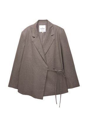 Taupe women's blazer with long sleeves, notched lapel collar, and side tie closure, made of lightweight fabric.