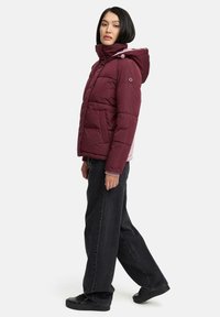 Veste rembourrée bordeaux avec capuche, dotée d'un design matelassé, de poches avant et d'accents en couleurs bloquées dans des teintes plus claires.