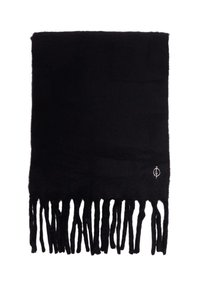 Sort tørklæde lavet af blødt materiale med frynser i kanten og et lille broderet logo på den ene side. Rektangulær form, glat tekstur.