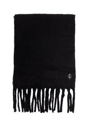 Sort tørklæde lavet af blødt materiale med frynser i kanten og et lille broderet logo på den ene side. Rektangulær form, glat tekstur.
