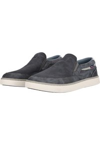 Dunkelgraue Slipper mit einem Obermaterial aus strukturiertem Stoff, kontrastierenden Nähten und einer weißen Gummisohle. Verfügt über einen gepolsterten Schaft und elastische seitliche Einsätze.