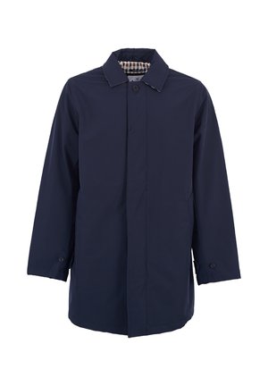 Impermeabile blu navy realizzato in materiale leggero, con colletto, chiusura con bottoni e fodera interna a scacchi in contrasto.