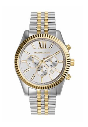 Michael Kors tweekleurig zilver en goud polshorloge met witte wijzerplaat, Romeins cijfer XII, drie subdials, datumvenster en gekoppelde metalen band.