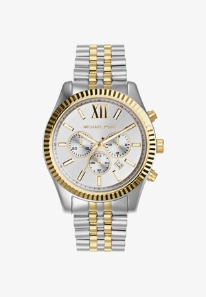 Dwukolorowy srebrno-złoty zegarek Michael Kors na nadgarstek z białą tarczą, rzymską liczbą XII, trzema subtarczami, okienkiem daty i metalową, połączoną bransoletą.