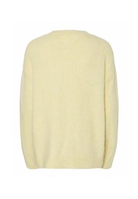 Ljust gult tröja, mjuk textur, rund halsringning, sänkta axlar och en avslappnad passform. Baksidan är enkel utan ytterligare detaljer.