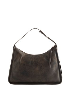 Dark brown leather shoulder bag with a curved top, adjustable strap, and zipper closure with a leather pull tab.