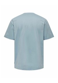 Hellblaues T-Shirt mit kurzen Ärmeln, lockerem Schnitt, Rundhalsausschnitt und glatter Textur. Keine Grafiken oder Akzente sichtbar.