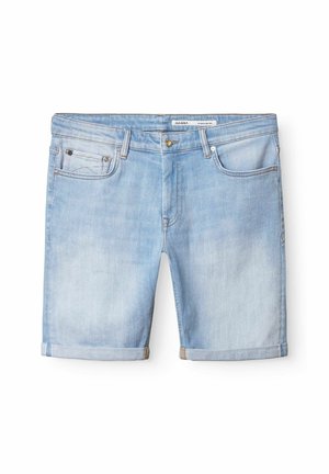 Light blue denim shorts with a rolled hem, featuring five pockets, gold button closure, and subtle fading on the fabric.