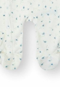 Body blanco para bebé con estampados de dientes de león azules y botones de presión, con pies cubiertos.
