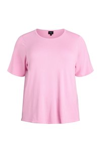 Rozā, īsām piedurknēm T-krekls no mīksta, viegla auduma ar apaļu kakla izgriezumu un brīvu piegriezumu. Gluda virsma bez rakstiem vai akcentiem.