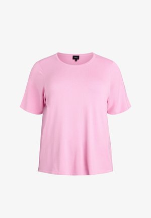 Rozā, īsām piedurknēm T-krekls no mīksta, viegla auduma ar apaļu kakla izgriezumu un brīvu piegriezumu. Gluda virsma bez rakstiem vai akcentiem.