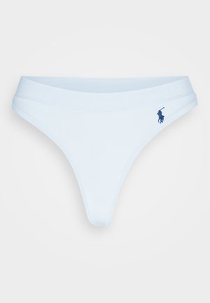 White cotton thong with a smooth texture, featuring a low-rise waistband and a small blue embroidered logo on the side.
