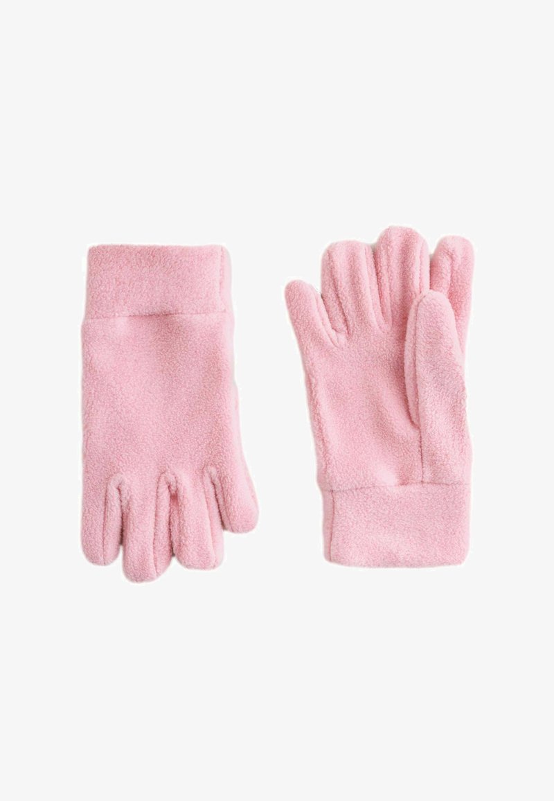 Rosa Fleece-Handschuhe mit weicher Textur, ausgestattet mit einem Bündchen und fünf Fingern, die flach liegen, wobei ein Handschuh aufrecht steht.