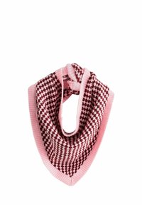 Écharpe triangulaire à motifs roses et bordeaux avec un design tricoté texturé, présentant une bordure rose unie et un détail noué en haut.