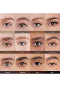 Zwölf Augenpaare, angeordnet in drei Reihen, zeigen verschiedene Farbtöne: Blond, Taupe, Erdbeerblond, Sanftes Braun; Karamell, Kastanienbraun, Schokolade, Mittelbraun; Aschbraun, Dunkelbraun, Ebenholz, Granit.