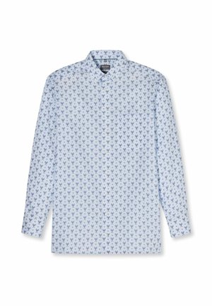 Hellblaues langärmeliges Hemd mit Knopfleiste, dunkelblauem Tennis-Schläger- und Ballmuster, klassischem Kragen und Vorderknöpfen.