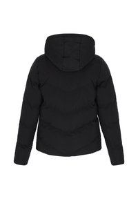 Jachetă puffer neagră cu glugă, având un design cu diamante cusute, mâneci lungi și un finisaj mat, neted. Fără elemente de fixare vizibile.