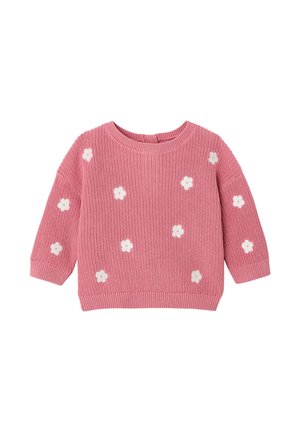 Rosa gestrickter Pullover für Kleinkinder mit langen Ärmeln, verziert mit kleinen weißen Blumenmustern, die über Vorderseite und Ärmel verteilt sind.