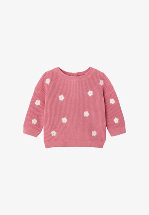 Pink knitted toddler sweater with long sleeves, featuring small white flower patterns scattered across front and sleeves.