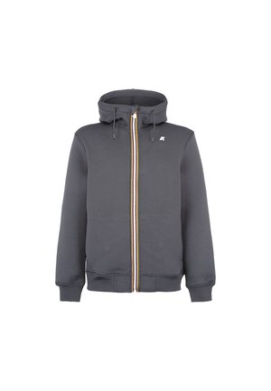Felpa con zip in tessuto grigio, caratterizzata da una chiusura a zip verticale colorata, cappuccio con coulisse regolabile, polsini a coste e logo sul petto.