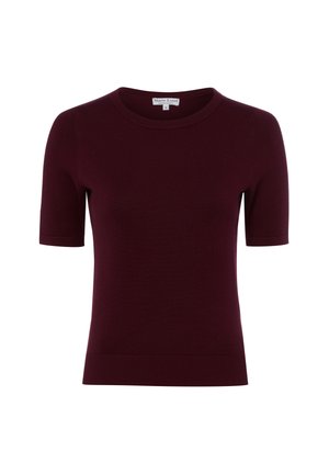 Top met korte mouwen, donker bordeauxrode gebreide stof, ronde hals, geribde zoom en aansluitend design.
