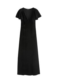 Abito in velluto nero con maniche corte a sbuffo, scollatura a V profonda e taglio dritto, caratterizzato da uno spacco sulla coscia su un lato.