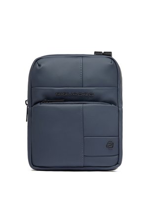 Small navy blue crossbody bag with front zipper pocket, embossed brand name "Piquadro," and minimalist rectangular design.