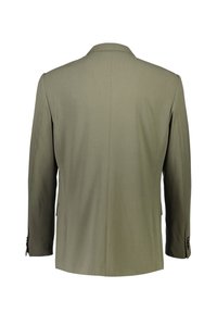 Olijfgroene blazer, met een enkel-breasted ontwerp, met gekartelde revers, twee achterste ventilatieranden en knoopmanchetten. Gladde stof met een matte afwerking.