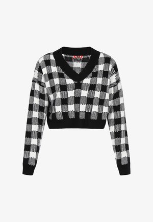 Pulover scurt cu un model carouri alb-negru. Are un decolteu în V și mâneci lungi cu textură tricotată.