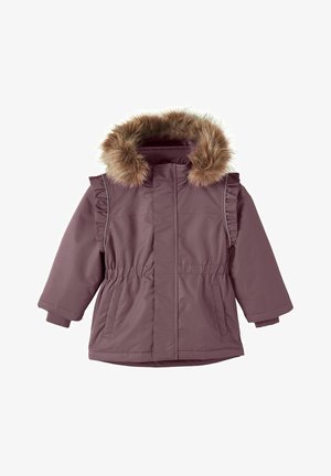 Purple insulated jacket with a faux fur hood, ruffle accents on sleeves, elastic waistband, and two front pockets. Smooth texture.
