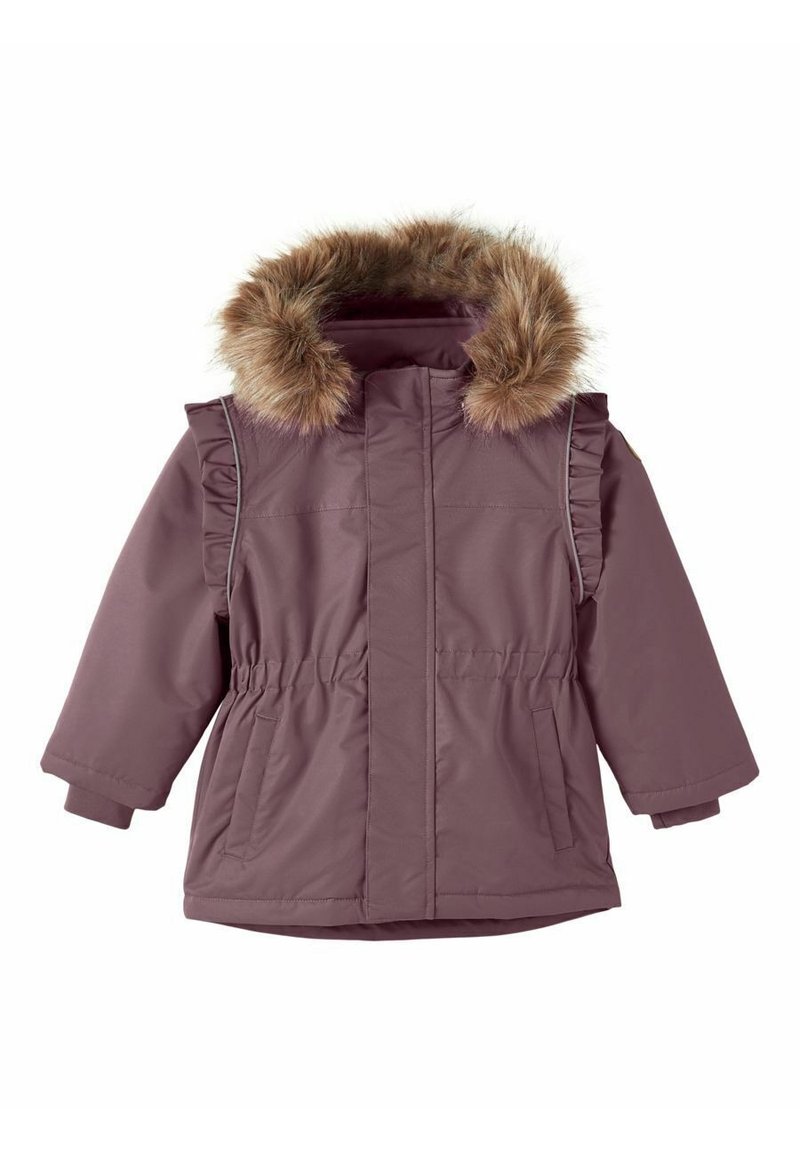 Fialová zateplená bunda s kapucí z umělé kožešiny, volány na rukávech, elastický pás a dvě přední kapsy. Hladký povrch.