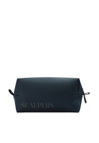 Navy rectangular cosmetic bag made of smooth material with a zip closure, featuring the word "SCALPERS" in metallic print on the front.