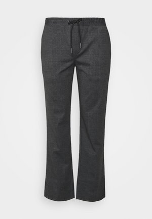 Ciemnoszare spodnie w kratę z elastycznym paskiem w talii i czarnym sznurkiem, proste nogawki, dopasowany krój.