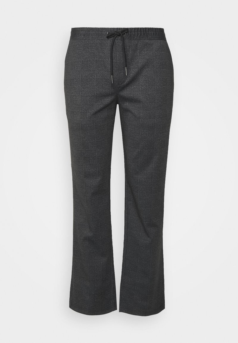 Pantalon à carreaux gris foncé avec taille élastique et cordon noir, coupe droite, ajustement sur mesure.
