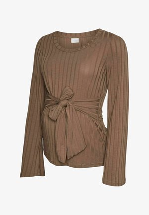 Haut de maternité à manches longues marron côtelé avec un détail de taille nouée, doté d'un col rond et d'un tissu doux et texturé.