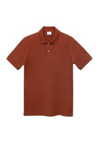 Rostfarbenes Poloshirt aus weichem Stoff; mit Kragen, Dreiknopfleiste und kurzen Ärmeln; schlichtes Design ohne Muster.