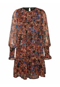 Šaty s květinovým potiskem a plisovaným korzetem, dlouhými nabíranými rukávy, volánkovým lemem a průstřihem na zádech. Vyrobené z lehké, průhledné tkaniny.