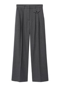 Pantalon gris foncé à jambes larges avec plis et poche à rabat boutonnée sur le côté droit de la taille avant, doté de passants pour ceinture et d'une taille haute.