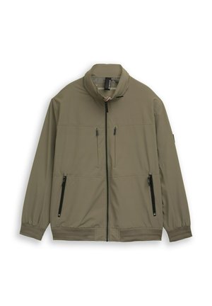 Leichte Jacke in Olivgrün mit Stehkragen, durchgehendem Frontreißverschluss, zwei senkrechten Brusttaschen und zwei Reißverschlusstaschen an den Seiten.