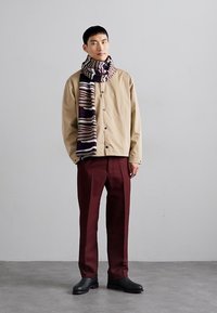 Giacca impermeabile beige con bottoni neri, abbinata a pantaloni bordeaux scuro. Una sciarpa con motivo a righe viola e crema completa il look.