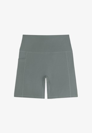 Pantaloni sportivi grigi con una cintura larga, texture liscia e dettagli di cucitura. Presentano una tasca laterale per comodità.