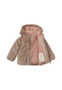 Beige Kunstfelljacke mit Kapuze, ausgestattet mit einem strukturierten pinken Futter, einem gerafften Saum und einem Etikett im Inneren. Glatter Reißverschlussverschluss.